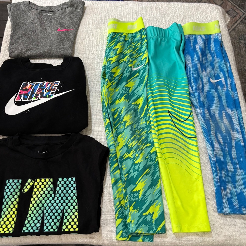 Nike Girls 6 Piece Activewear Lot Leggings Tops Size 5 6 Dri-FIT Black Teal Blue